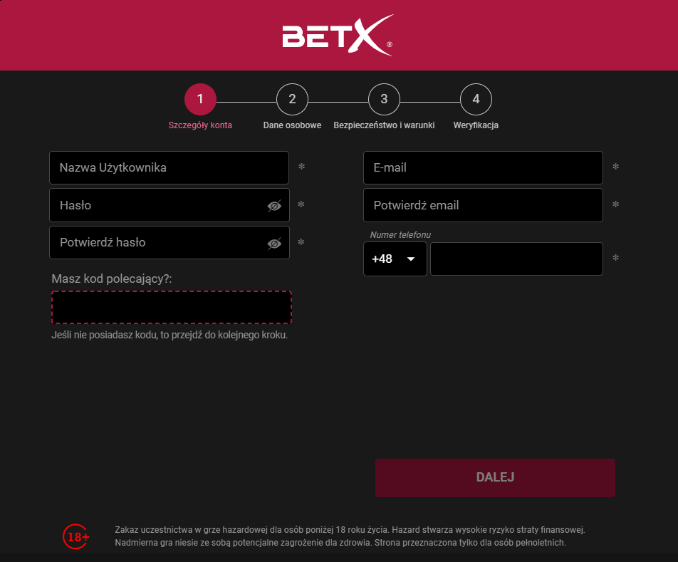BetX rejestracja - krok 1