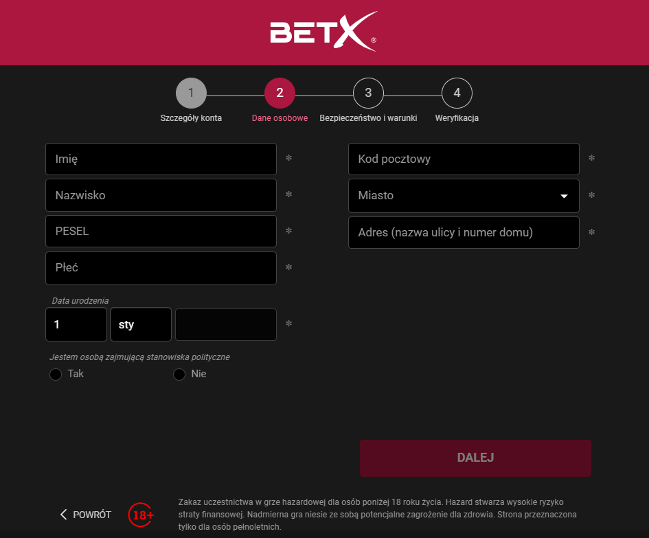 BetX rejestracja - krok 2