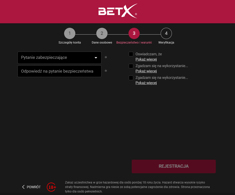 BetX rejestracja - krok 3