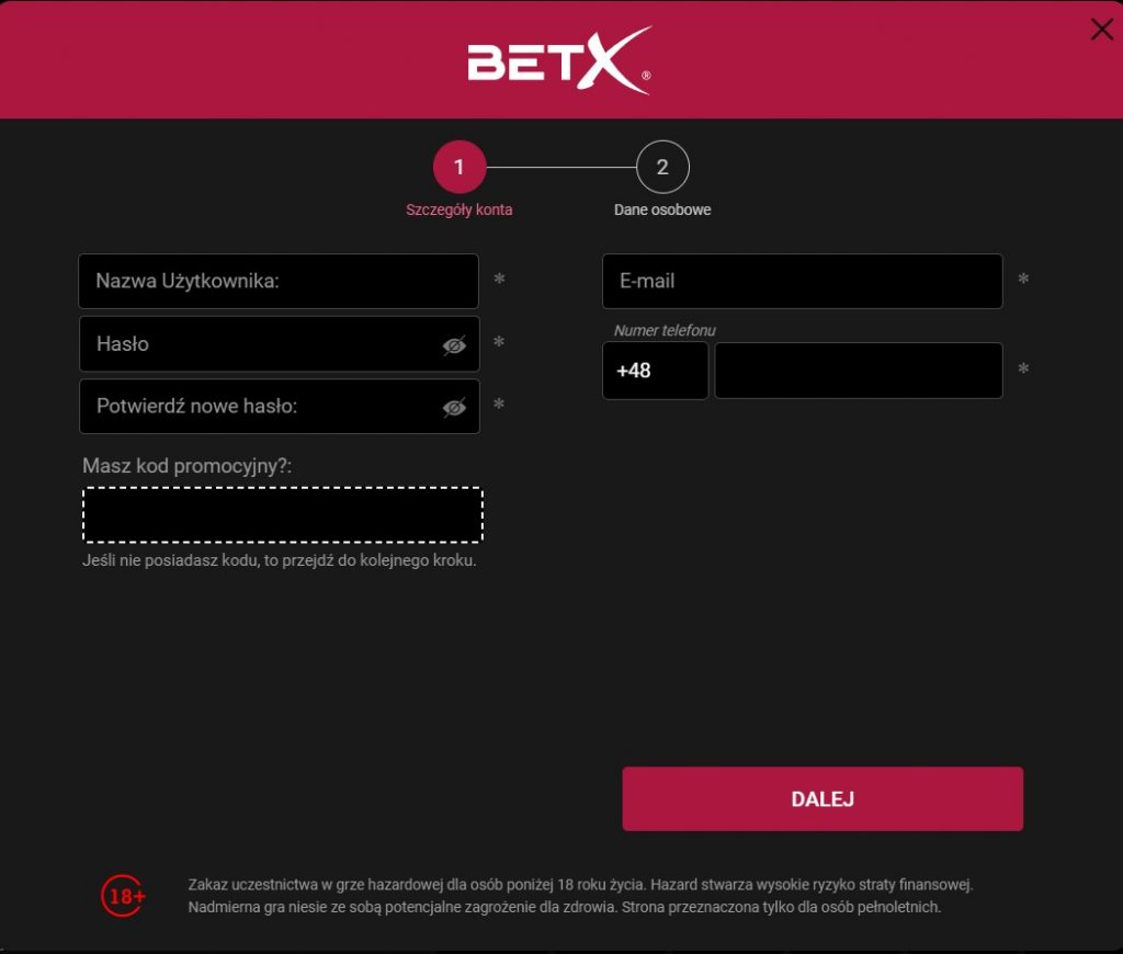 BetX rejestracja - etap 1