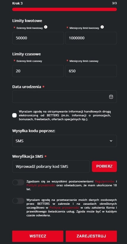 Betters kod promocyjny - rejestracja 3